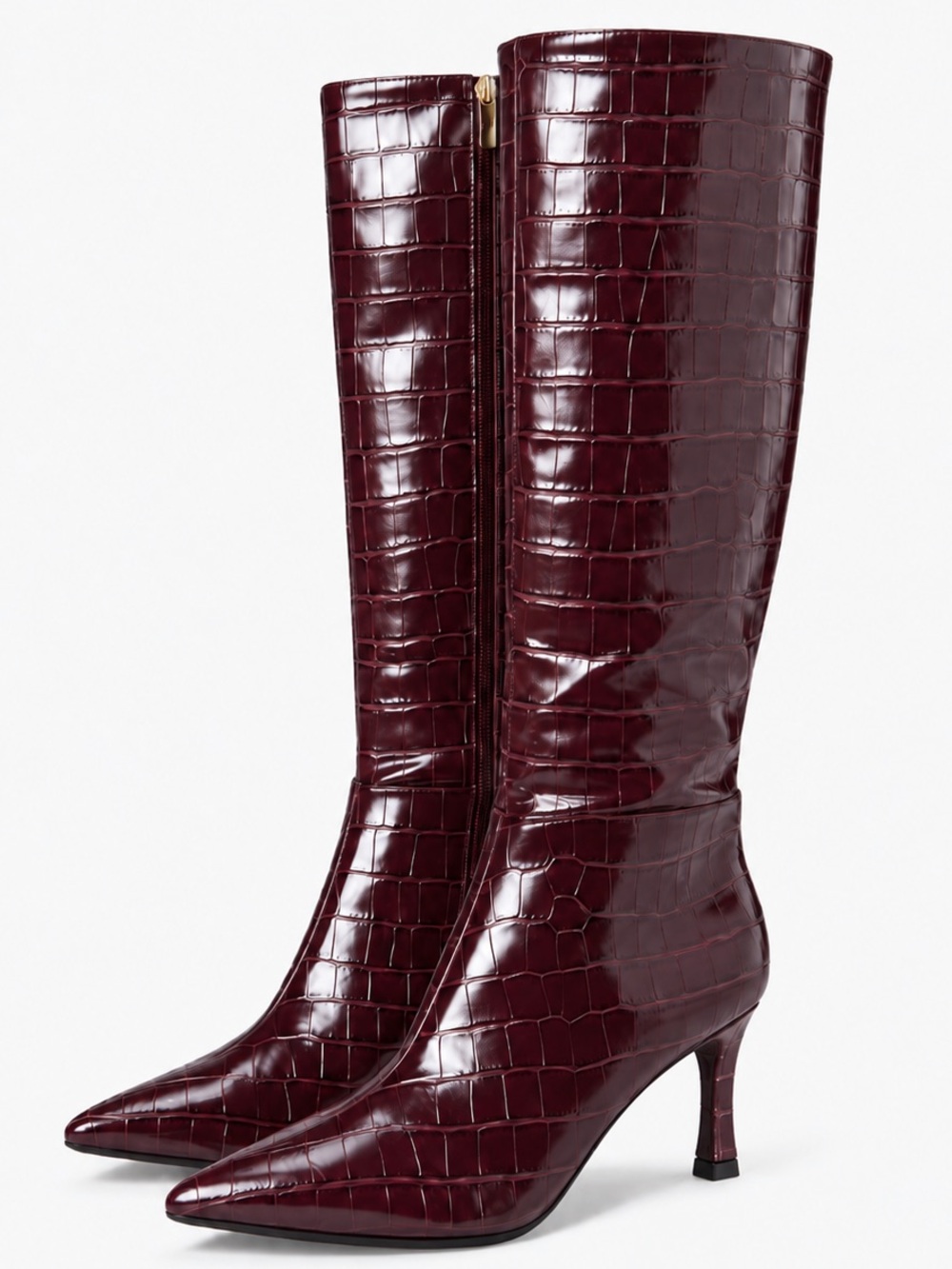 Marc Fisher Burgundy Croc Embossed Tall Boots Pointed Toe Heel Size 9 NEW